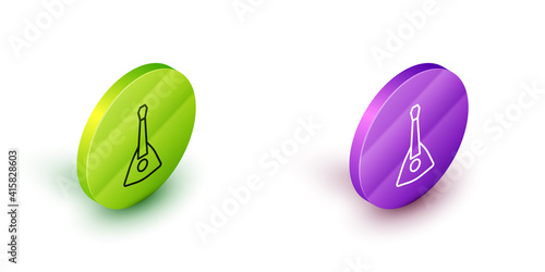 Isometric line Musical instrument balalaika icon isolated on white background. Green and purple circle buttons. Vector.