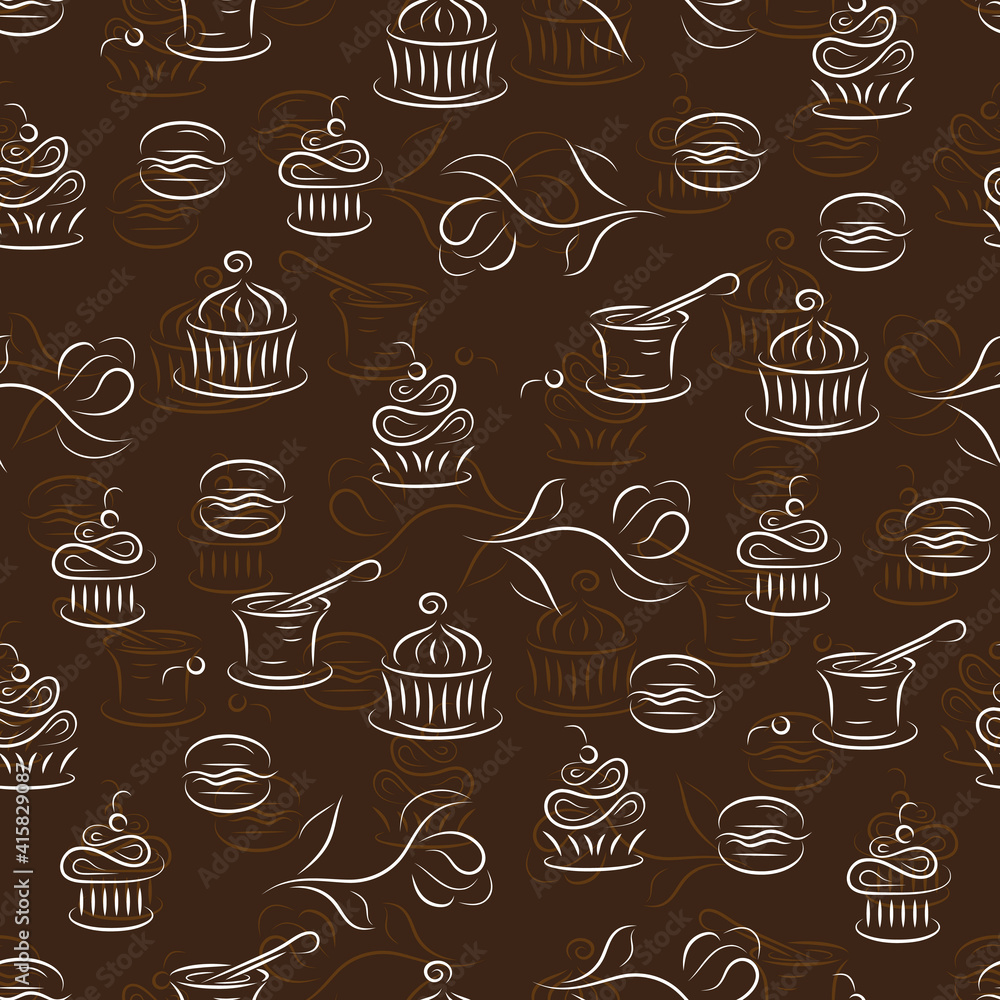 Dessert. Seamless pattern with coffee and sweets.