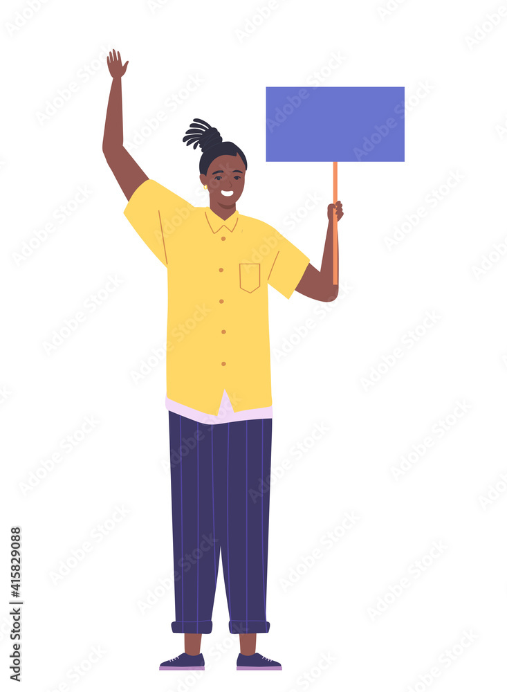 Young dark-skinned man holding a poster in her hand. Girl at the rally. Character isolated on white background. Flat cartoon vector illustration. Young dark-skinned man holding a poster in her hand. Girl at the rally. Character isolated on white background. Flat cartoon vector illustration.