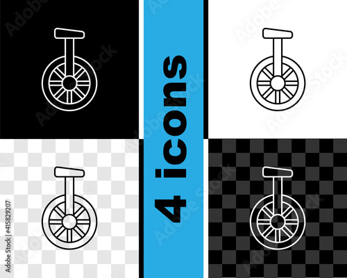 Set line Unicycle or one wheel bicycle icon isolated on black and white, transparent background. Monowheel bicycle. Vector.