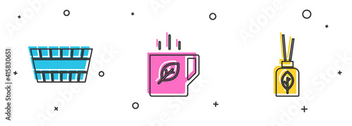 Set Sauna bucket, Cup of tea and leaf and Aroma diffuser icon. Vector.