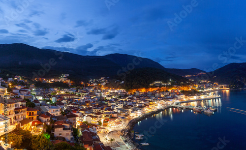 Parga town, panoramic nightscape from the town's castle, during blue hour, in Preveza prefecture, Epirus region, Greece, Europe