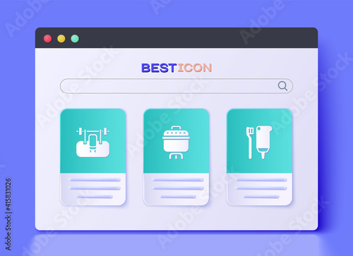Set Cooking pot, Bench with barbel and Toothbrush and toothpaste icon. Vector.