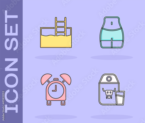 Set Paper package for milk, Swimming pool with ladder, Alarm clock and Women waist icon. Vector.