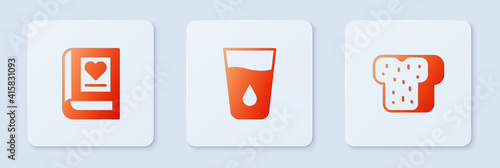 Set Glass with water, Medical book and Bread toast. White square button. Vector.