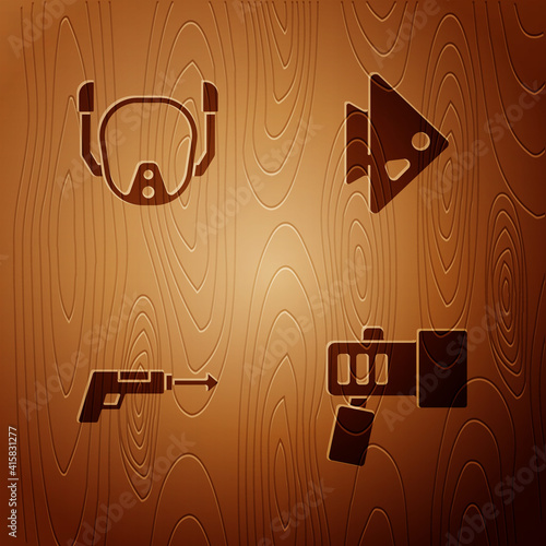 Set Flashlight, Diving mask, Fishing harpoon and on wooden background. Vector.