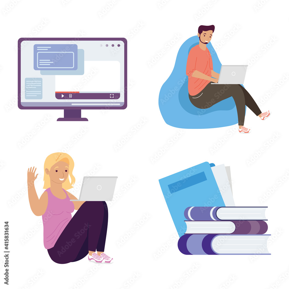 young couple using laptops and set icons education online young couple using laptops and set icons education online