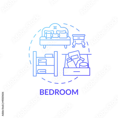 Bedroom blue gradient concept icon. Tidying house idea thin line illustration. Sleep and relax. Airing room. Decluttering and cleaning-out. Vector isolated outline RGB color drawing