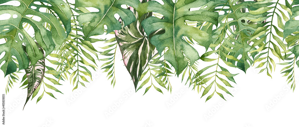 Fototapeta Seamless long banner with hanging tropical leaves