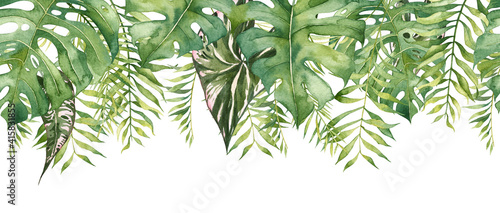 Seamless long banner with hanging tropical leaves