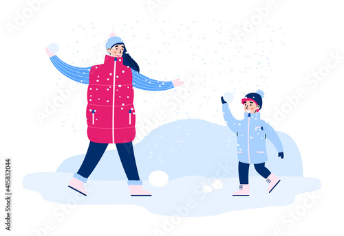 Happy family mother and son or sister and brother playing snowball fight. Girl and boy have fun during christmas holidays or weekend in winter season. Vector isolated illustration.