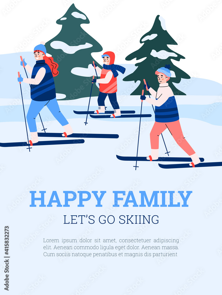 Happy family cartoon characters skiing together in forest. Card or banner template for winter sports and family vacation activity, cartoon vector illustration.