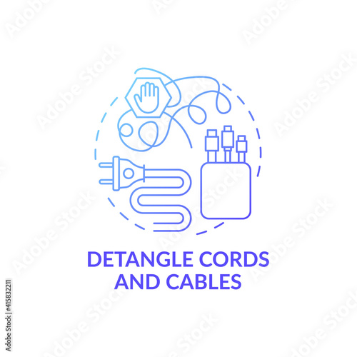 Detangle cords and cables blue gradient concept icon. Organzing wires in cable boxes idea thin line illustration. Fixing decorative washi tape. Vector isolated outline RGB color drawing