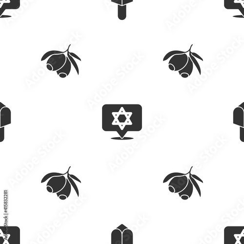 Set Hanukkah dreidel, Star of David and Olives branch on seamless pattern. Vector.