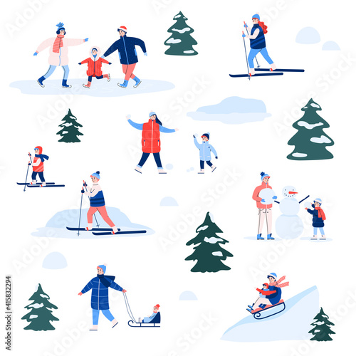 Set of winter fun outdoor active for happy family. Children and adults ride sledges, skis, skates, playing in snow ball fight or make snowman in park or forest. Vector illustration