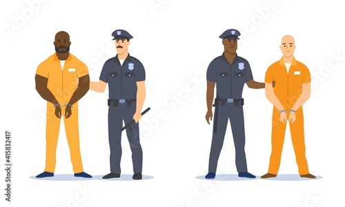Set of Guard officers escorting prisoners in handcuffs. Vector illustration.