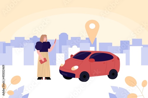 Car sharing service concept. Young woman stand with mobile phone and order online rent of transport for ride. Flat cartoon vector illustration.