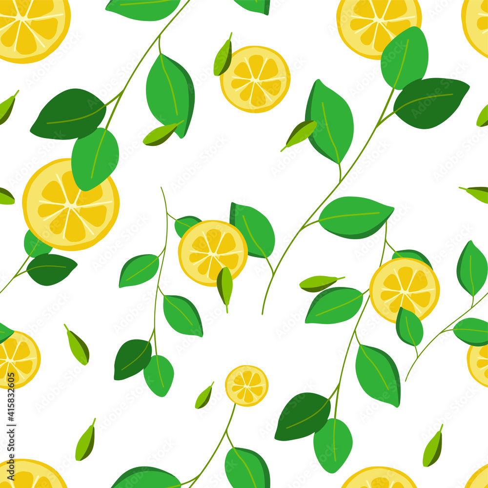pattern on a white background with lemon slices and branches of a lemon tree with leaves, small cardamom seeds. pattern on a white background with lemon slices and branches of a lemon tree with leaves, small cardamom seeds.