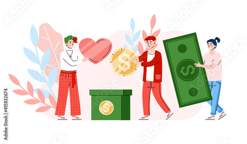 Money charity and donation. Female volunteer with love collect coin and banknotes in donate box. Social support, aid and help poor and needy people. Vector flat illustration.