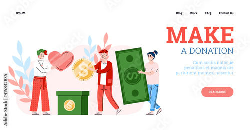 Money donation and charity concept. Volunteers with love collect coin and banknotes in donate box for social support, help poor, homeless. Landing page template. Vector illustration