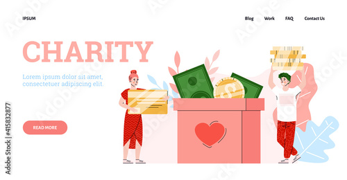 Charity, donation and help for poor, needy and homeless people. Girl and guy puts of money in donate box with image heart. Landing page template. Vector illustration.
