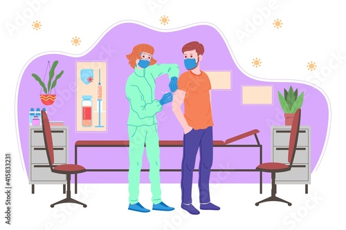 Vaccination concept for immunity health. Vaccine anti Covid-19. Doctors makes an injection of flu vaccine to pacient in hospital and inviting next. Healthcare, coronavirus, prevention and immunize.