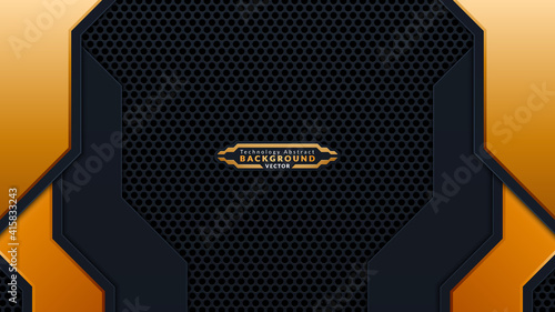 Dark abstract background with black overlap layers. Texture with golden effect element decoration. Luxury design concept.