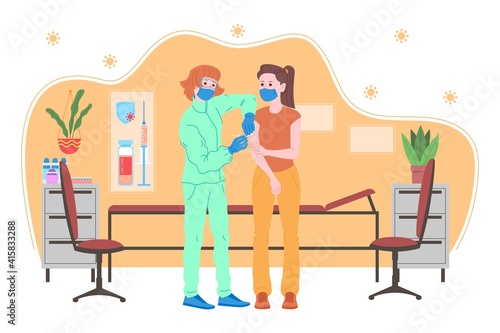 Vaccination concept for immunity health. Vaccine anti Covid-19. Doctors makes an injection of flu vaccine to pacient in hospital and inviting next. Healthcare, coronavirus, prevention and immunize.