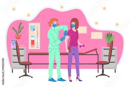 Vaccination concept for immunity health. Vaccine anti Covid-19. Doctors makes an injection of flu vaccine to pacient in hospital and inviting next. Healthcare, coronavirus, prevention and immunize.
