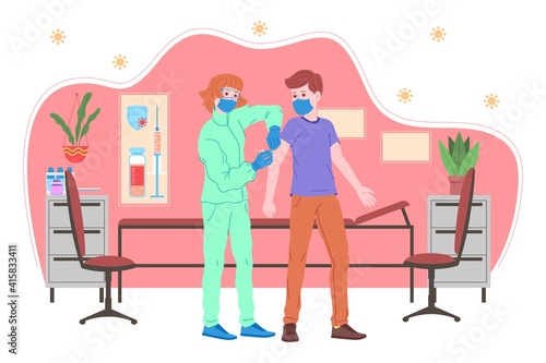 Vaccination concept for immunity health. Vaccine anti Covid-19. Doctors makes an injection of flu vaccine to pacient in hospital and inviting next. Healthcare, coronavirus, prevention and immunize.