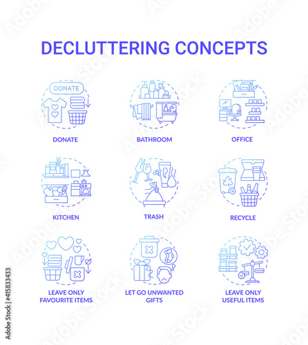 Decluttering blue gradient concept icons set. Donate and recycle idea thin line RGB color illustrations. Leave necessary and favourite things in house. Vector isolated outline drawings