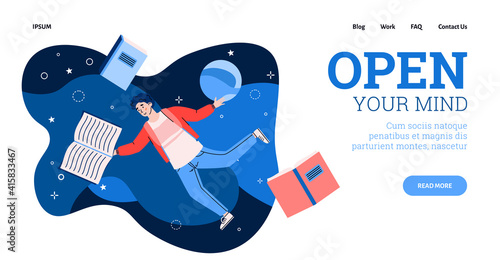 Inspired young man floating with opened books. Male character flying and moving in imagination and dreams inspiration of love to reading literary. Vector colorful design for web.
