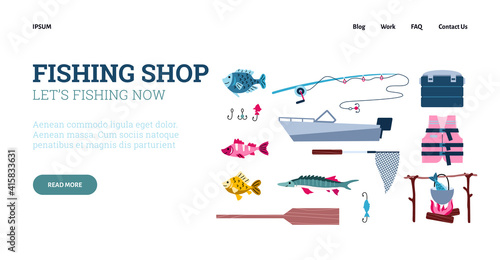 Website banner template for fishing store with various fishery equipment, cartoon vector illustration. Web landing page design for online fishing shop.