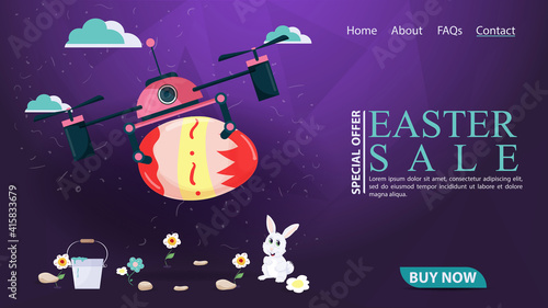 Easter Holiday Advertising Banner sale for Website design web page Flying Drone Holding a painted Egg flat Illustration