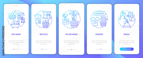 Decluttering categories onboarding mobile app page screen with concepts. Recycling things. Donation walkthrough 5 steps graphic instructions. UI vector template with RGB color illustrations