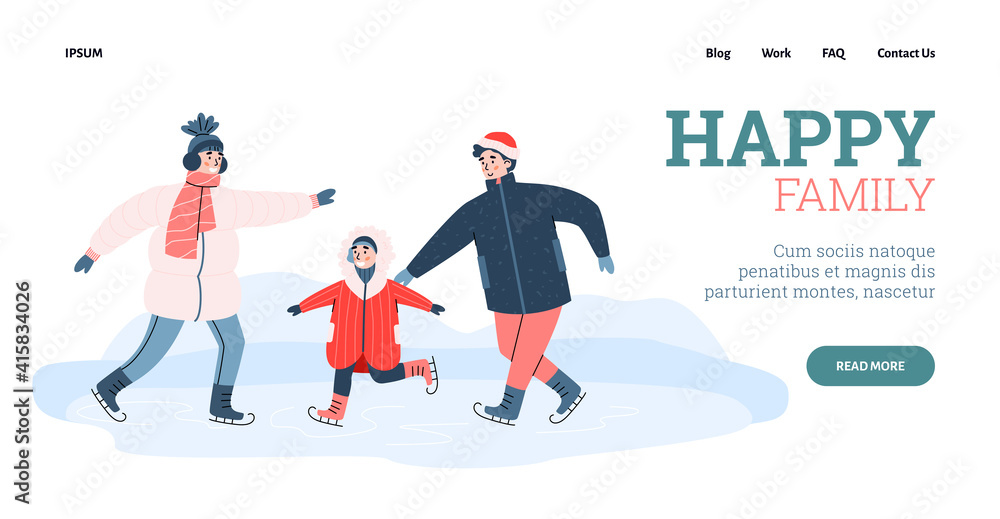 Happy family web banner layout with people having fun on winter holidays, vector cartoon illustration. Family winter activity and active snow sport games.