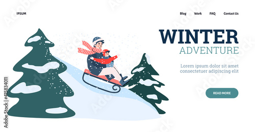 Parent and kid together sledding slide on nature. Winter fun riding on sled, adventure, family outdoor leisure, fun holidays and activities in snowy season. Vector design for web
