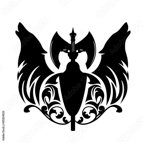 howling wolf heads with heraldic shield and scandinavian battle axe - nordic coat of arms black and white vector silhouette design