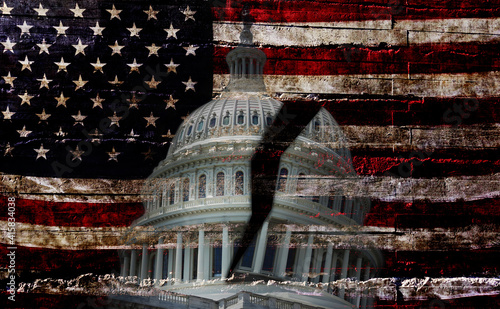 Картината върху платно THe US Capitol dome in Washington DC with a crack down the middle over the Ameri