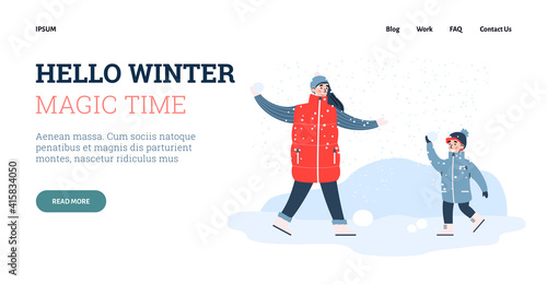 Vector design for web with fun christmas holidays in winter magic time. Happy family mother and son or sister and brother playing snowball fight. Outdoor activity in snow season.