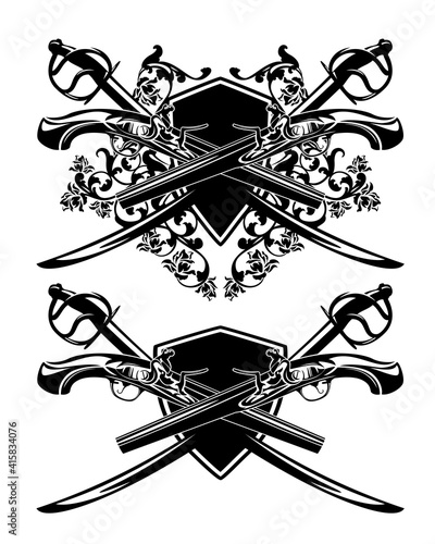 crossed sabre sword and antique pistols against heraldic shield with rose flowers decor - pirate weapon black and white vector design set