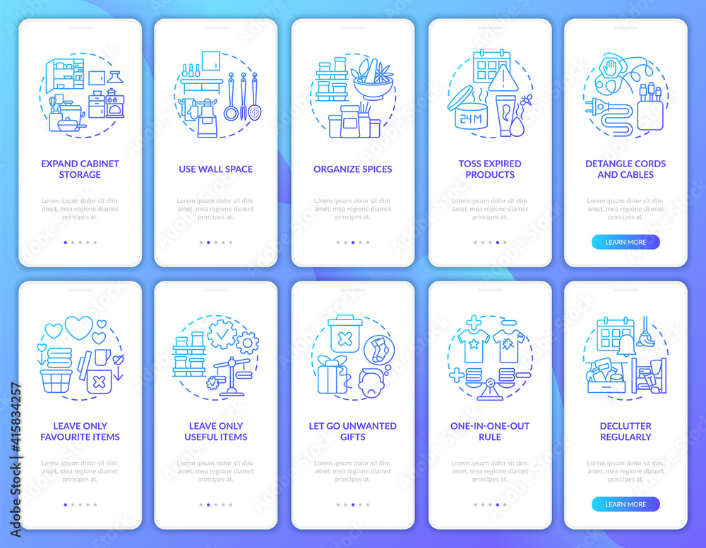 Using wall space onboarding mobile app page screen with concepts set. Letting go unwanted gifts walkthrough 5 steps graphic instructions. UI vector template with RGB color illustrations