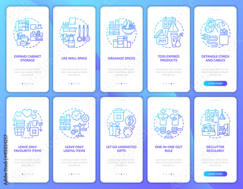 Using wall space onboarding mobile app page screen with concepts set. Letting go unwanted gifts walkthrough 5 steps graphic instructions. UI vector template with RGB color illustrations