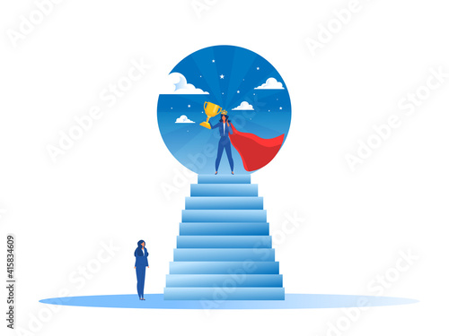 Businesswoman Watches his dream with impower woman about Victory. Success. Leadership Career Concept