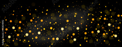 Gold defocused lights and dust particles. Defocused Lights and Dust Particles Abstract Background Panoramic Composition