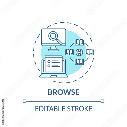 Browse process concept icon. Online library search types idea thin line illustration. Digital Library. Easy access to information. Vector isolated outline RGB color drawing. Editable stroke