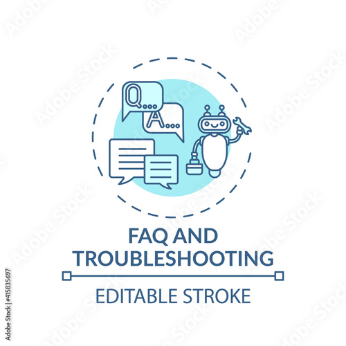 FAQ and troubleshooting concept icon. Online library helpline idea thin line illustration. Digital Library. Solving technicals problems. Vector isolated outline RGB color drawing. Editable stroke