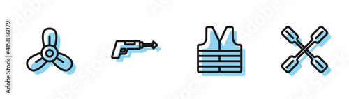 Set line Life jacket, Boat propeller, turbine, Fishing harpoon and Paddle icon. Vector.