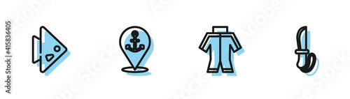 Set line Wetsuit, Fish, Location with anchor and Knife icon. Vector.