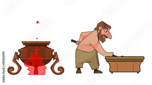 cartoon man doing manual labor next to the boiler on fire
